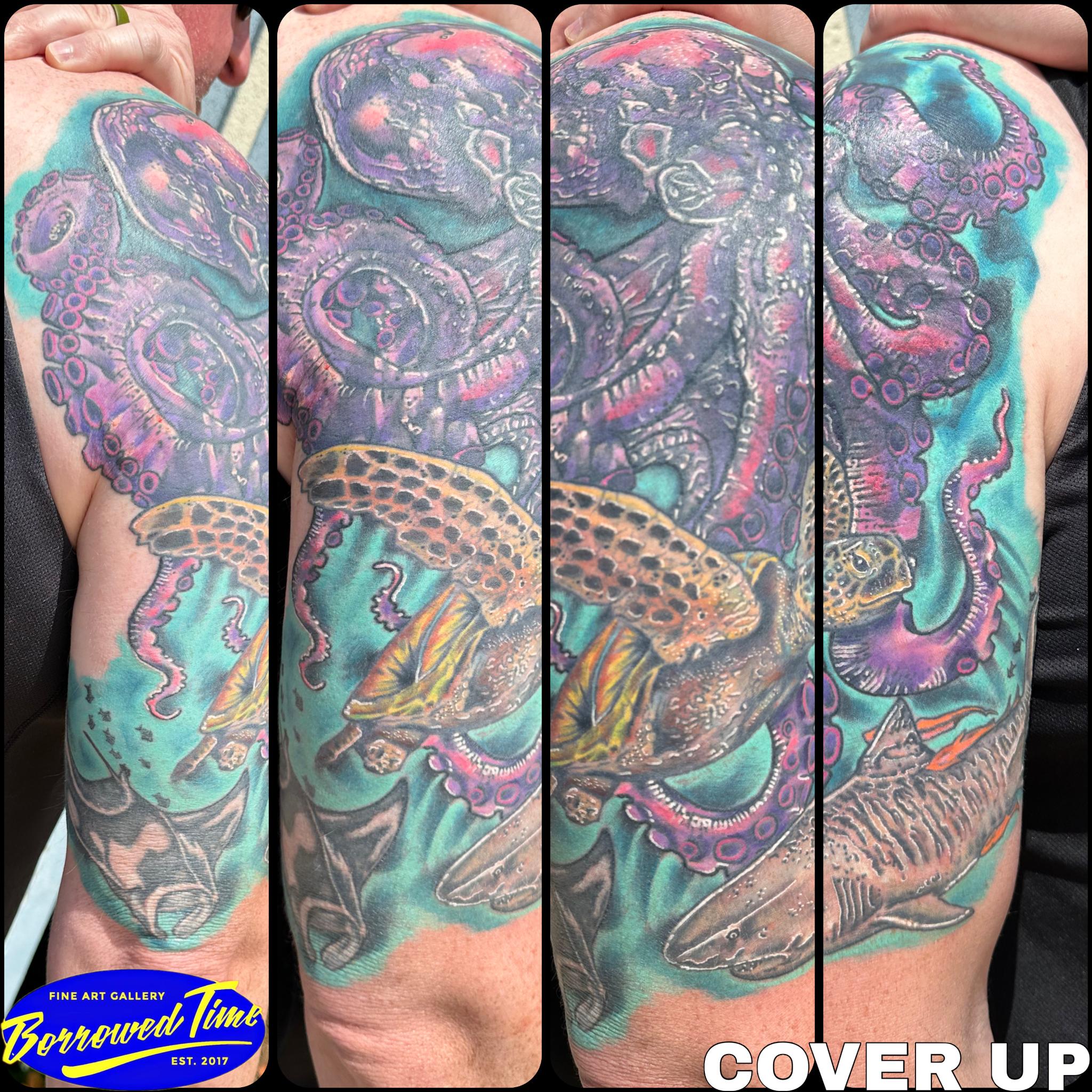 Full-color octopus, sea turtle, and shark half sleeve cover-up by Dexter